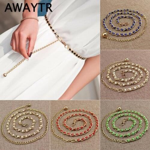 AWAYTR Fashion Pearl Women Belt For Dress Female Belt Alloy Waist Band Chain Wild Thin Pearl Girls Accessories Party Wedding