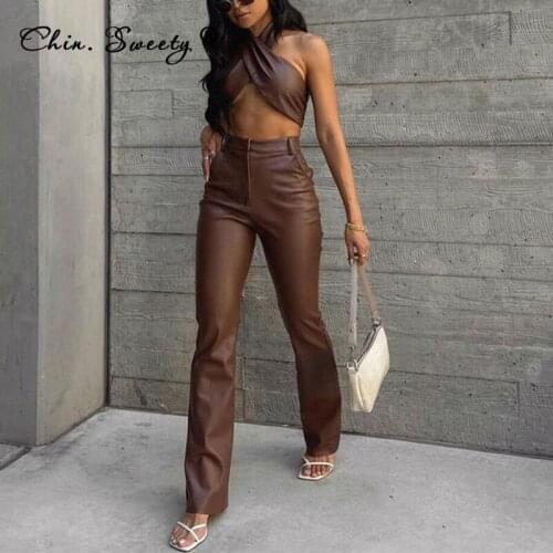 PU Womens Crop Tanks Trousers Two Piece Set 2021 Autumn Backless Slim Vest Straight Pants Sets Ladies Fashion Street Suit