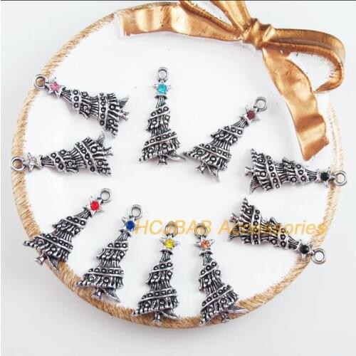 20Pcs Tibetan Silver Tone Christmas Tree Mixed Crystal Charms Pendants 14x30mm