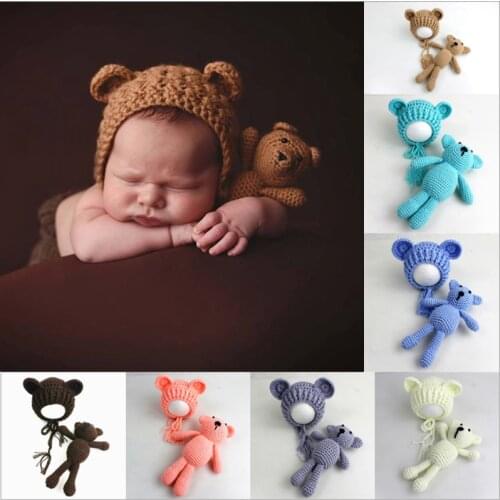 2020 Cute Colorful Knit Baby Hat+Bear Toy Newborn Baby Toddler Infant Bear Photo Prop Photography Baby Knitted Cap Outfit Set