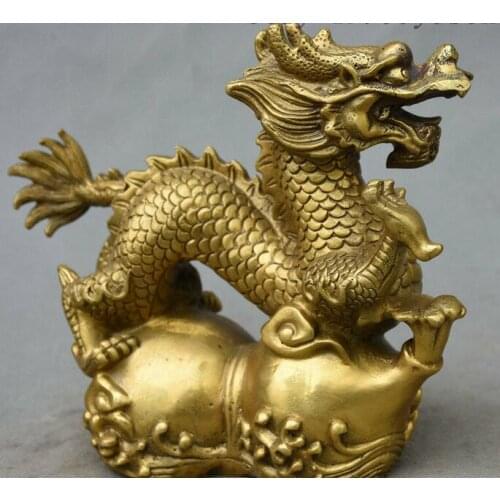 8" Classic Chinese Myth Animal FengShui Brass Lucky Beast Dragon On Gourd Statue