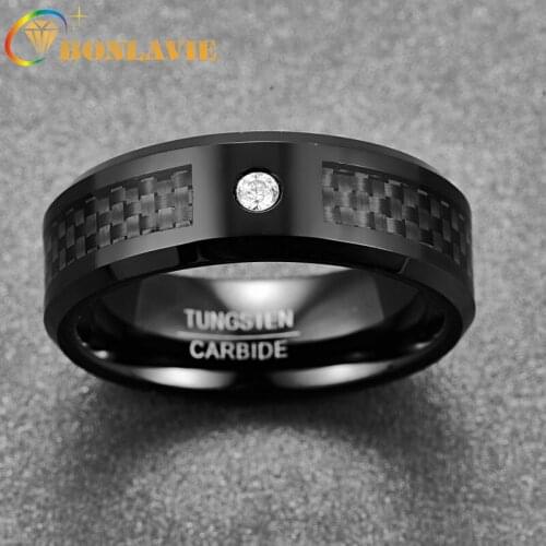 BONLAVIE Male Ring 8mm Electroplated Black Carbon Fiber Oblique Mens Ring Tungsten Steel Engagement Rings Bague Homme Jewelry