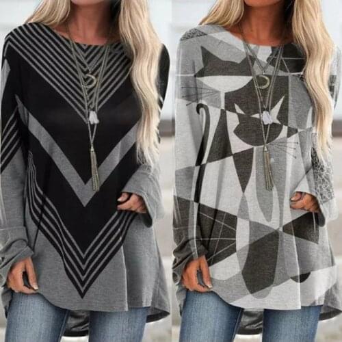 Black And White Round Neck T-shirt Ladies Pattern Patchwork Long-sleeved Pullover Loose Large Size Long Top Retro Casual T Shirt