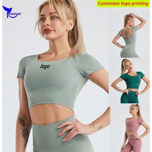 Elastic Quick Dry Short Sleeve Padded Running Shirts Women Crossback Sportswear Crop Top Gym Yoga Workout Fitness Clothes Custom
