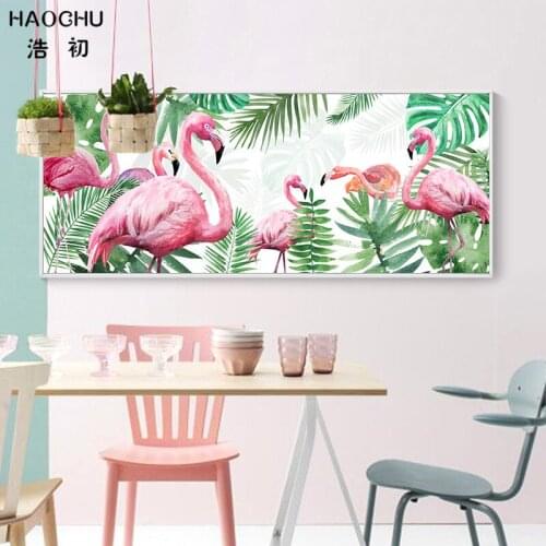 HAOCHU Watercolor Green Plants Pink Flamingos Canvas Art Painting Print Poster Wall Living Room Home Decorative Murals