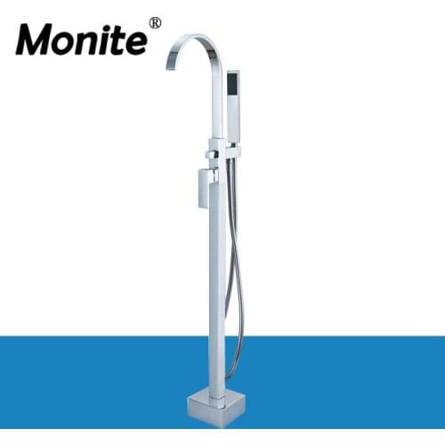 Chrome Brass Single Lever Free Standing Bathroom Tub Faucet Set Floor Mount with Handheld Shower