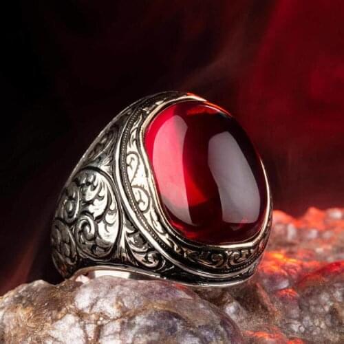 Radiant Ruby Gemstone Ring in Silver Ring Oval Natural Ring Vintage Handcarved Men Jewelry 925K Silver Gifts For Men