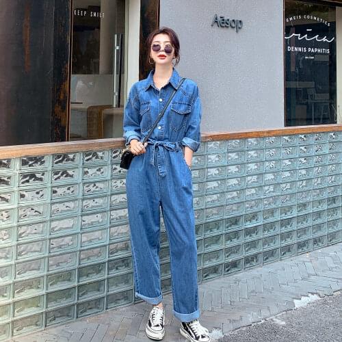 Spring Fall Women Long Sleeve Belted Blue Denim Jumpsuits Streetwear Fashion Slim Straight One Piece Jeans Sets Overalls 0825
