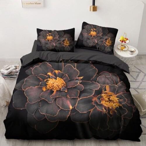 3D Bedding Sets Black Duvet Quilt Cover Set Comforter Bed Linen Pillowcase King Queen 203x230cm Flower Design Printed