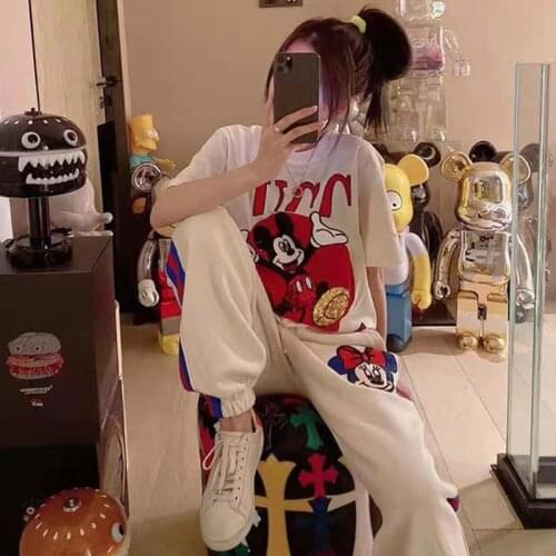Disney Brand Cartoon Printing Fashion Sports Suit 2-piece Mickey Minnie Short Sleeve T-shirt Sweatshirt Pantsuits For Women 2021