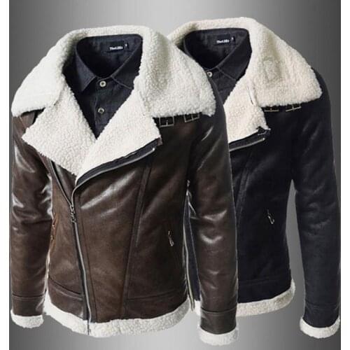 Spring and Autumn New Boutique Lamb Wool Mens Slim Large Collar PU Leather Jacket Solid Color Slim Thick Coat