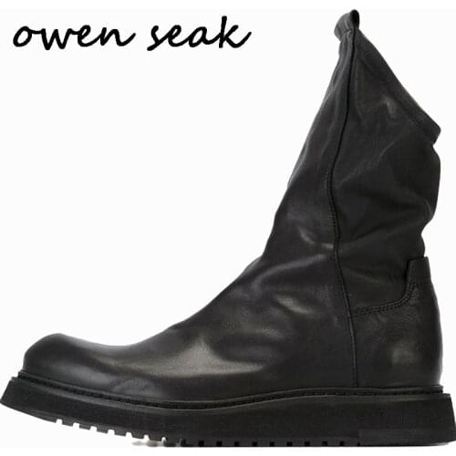 Owen Seak Men Boots High Ankle Luxury Trainers Genuine Leather Men Sneaker Winter Snow Plush Boots Casual Brand Zip Flats Shoes