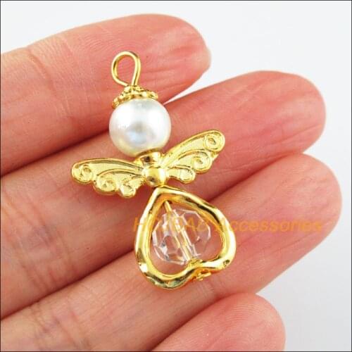 New 8Pcs Gold Color Wings Heart Dancing White Angel Charms Pendants 21.5x33mm