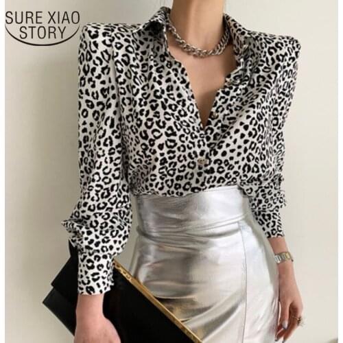 Leopard Print Button Up Shirt Women Long Sleeve Blouse Korean Fashion Clothes Chiffon Streetwear Plus Size Tops Autumn New 14788