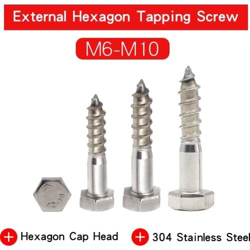 2-10 PCS External Hex Head Self Tapping Screw M6 M8 M10 304 Stainless Steel Material Large Long Hexagon head Wood screws
