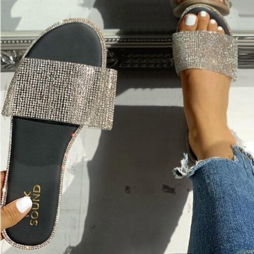 Womens Sandals Crystal Roman Flat Slippers Casual Beach Indoor&Outdoor Shoes Flat Heel Non-slip Female Slides Zapatos Mujer