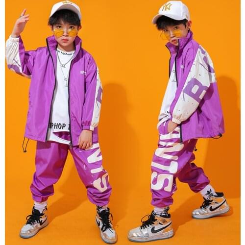 Hip Hop Dance Clothing Kids Long Sleeve Jacket Purple Suit Boy Hiphop Performance Jazz Girls Children Stage Dance Costume BL3348