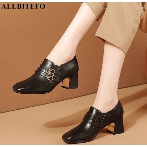 ALLBITEFO Size 33-42 Buckle Elastic Band Design Real Genuine Leather High Heel Shoes Street Fashion Casual Women Heels Shoes
