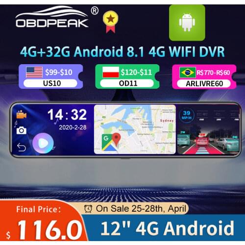 OBEPEAK D91 12" Car DVR Rearview Mirror 4G Android 8.1 Dash Cam GPS Navigation ADAS Full HD 1080P Car Video Camera Recorder DVRS