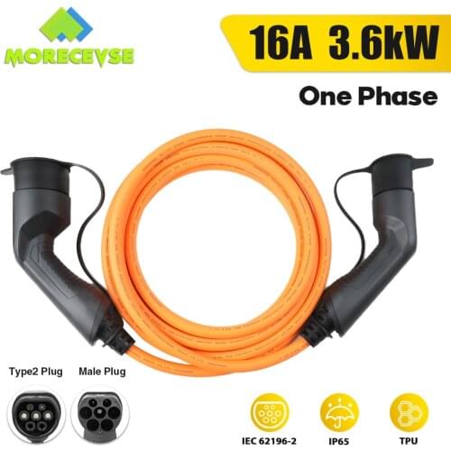 Morec EV Charging Cable Orange 16A 3.68KW for Electric Car Charger Station Type 2 Female to Male Plug, IEC 62196-2 5M