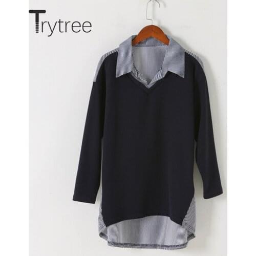 Trytree 2020 Autumn Winter Women Blouse Casual Turn-down Collar Patchwork Stripe Loose All-Purpose Style Office Lady Blouse Tops