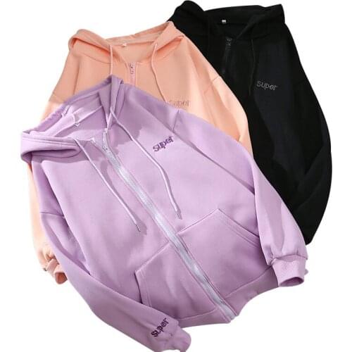 2020 Autumn New Fleece Ladies Hoodie Letter Embroidery Loose Casual Korean Sweet Drawstring Pocket Solid Color Zipper Women Coat