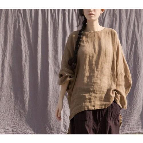 Spring Summer Breathable Soft Ramie Loose Top T-shirt For Woman Solid Color Irregular O-Neck Tee Shirt Brief Original Big Size