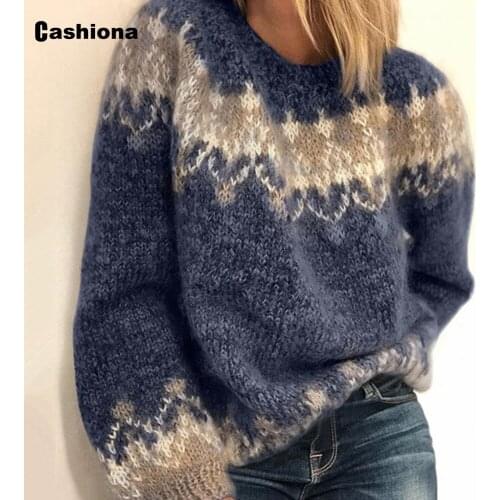 2020 Spring Autumn Knitted Sweater Blue Gray Women Clothes New Pacthwork Mohair Jumper Pullovers Plus size Femme Printed Sweater