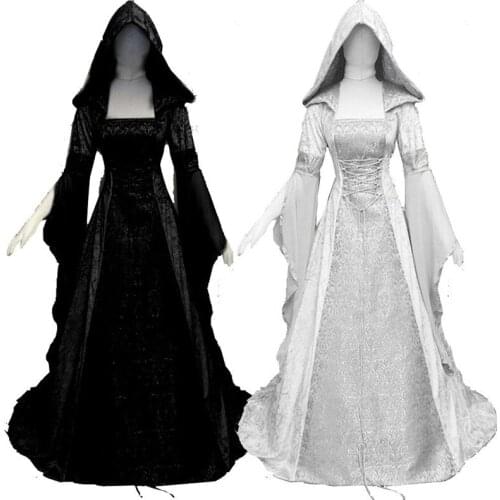 Cosplay Medieval Corset Dress Retro Style Beautiful Solid Color Long-sleeved Hooded Waist Dress Cosplay Wedding Dress for Women