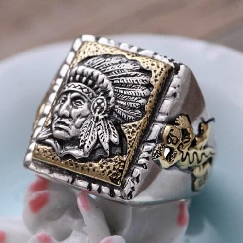 100% Real 925 STERLING SILVER Punk Rock CARVED INDIAN CHIEF KING FEATHER HEAD RING adjustable size A2027