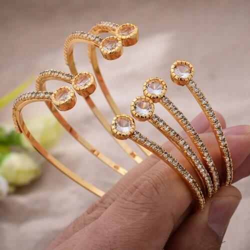 24K 4Pcs/Lot Dubai Ethiopian Gold Color White Stone Cuff Bangles For Women Wife Wedding Jewelry Bangles&Bracelet Gifts
