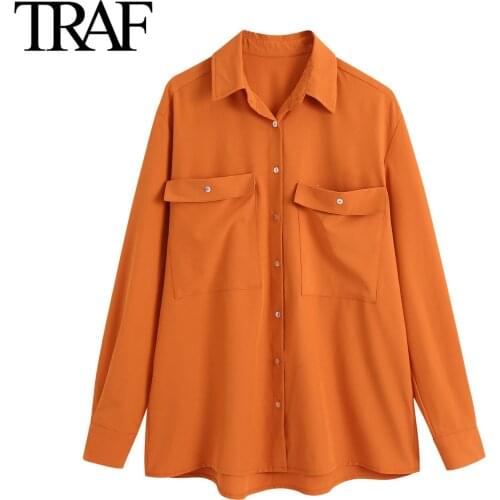 Traf Za Women Fashion Long Sleeve Blouses Vintage Pocket Loose Button Up Shirts Chic Office Ladies Tops Mujer