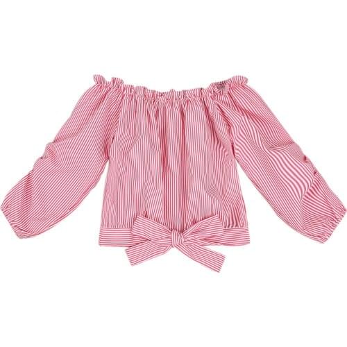 Childrens T-shirt Top Kids Little Girls Off Shoulder Striped Long Sleeve Tie Knot Front Loose Fashion Shirts Tops 7-12T