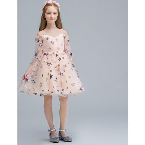 Flower Girl Dresses Off The Shoulder Spaghetti Straps V-Neck Princess Sequined Pleat Knee-Length Tulle Lace Kids Party Gown H146