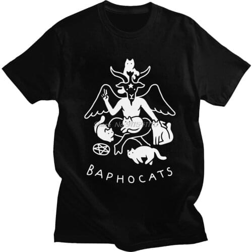 Baphocats T Shirt Men Pure Cotton Baphomet T-Shirt Satan Demon Tees Occult Goat Short Sleeve Streetwear Top Satanic Tshirt Merch