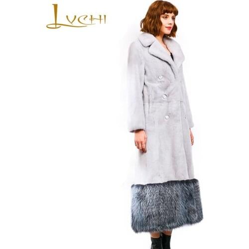 LVCHI 2019 Import Velvet Mink Coat Womens Long Sleeve Causal X-Long Patchwork Fox Fur Bottom Turn-Down Collar Slim Mink Coats