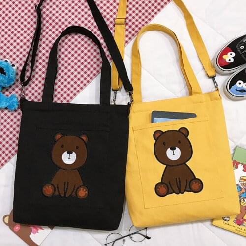 Korean Simple Women Package Print Cute Bear Canvas Bag Handbags Japanese Literary Shoulder Bags Casual Shopping Tote Handbag
