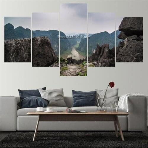 Top Selling Valley Landscape Pictures Wall Art For Decor Home Decoration Artwork 5 Panel Connect Modern HD Printed Oil Painting