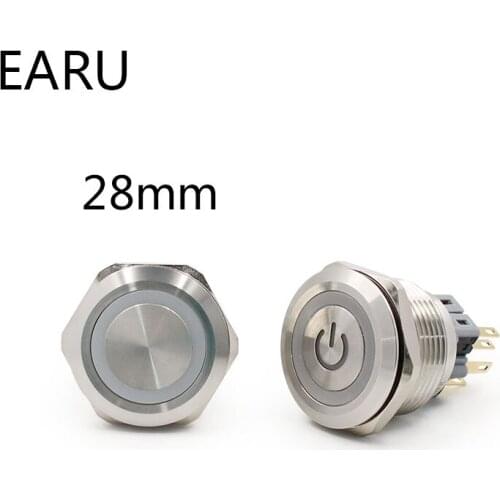 28mm Stainless Steel Metal Push Button Switch Flat Round Momentary Power Ring Mark 6 Pin Car Switches Reset Latching Fixation