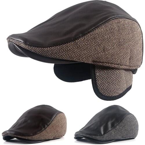 Leather Beret Hat Men 2021 Winter Mens Flat Cap With Earflaps Ivy Hat Dad Newsboy Cap Boinas Hombre High Quality