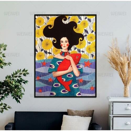 Wall Art Abstract Colorful Girl Canvas Painting Nordic Poster Flower Hair Cuadros Wall Pictures for Living Room Vintage Unframed