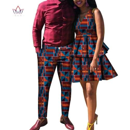 Africa Style Couples Clothing for Sweet Lovers Bazin V-neck Women Dress & Mens pant Dashiki Plus Size Wedding Clothing WYQ452