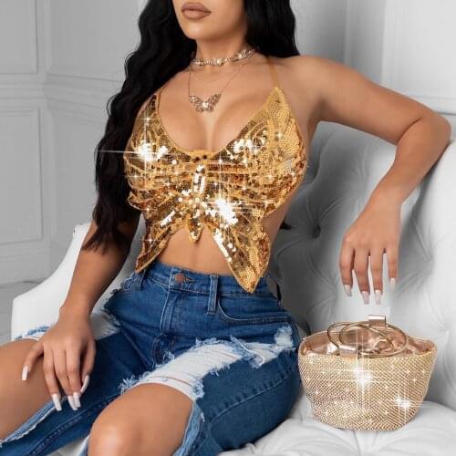 Glitter Sexy Women Back Lace-up Festival Raves Crop Top Sequin Halter Bandage Butterfly Party Nightclub Ladies Tank Top Camisole
