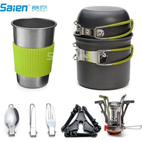 Camping Cookware Stove Carabiner Canister Stand Tripod and Stainless Steel Cup, Tank Bracket, Fork Knife Spoon Kit for Outdoor