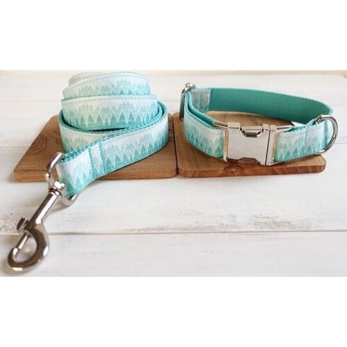 Customized Dog Collar Engraved Puppy ID Tag Leash Collar Set Adjustable Outdoor Fashion Print Pet Collar Leash GREEN MOUNTAIN