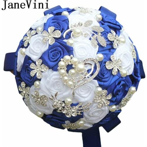 JaneVini Bling Crystal Royal Blue Wedding Bouquet Beaded Pearls Flowers Bridal Bouquets Satin Rose Buque De Noiva Artificial
