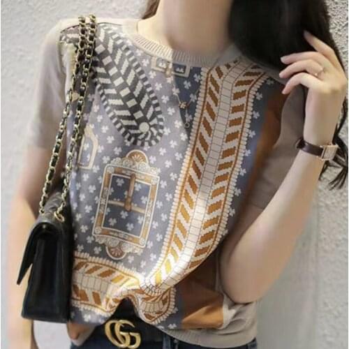 Knitted Sweater Summer Cool Women T Shirt Thin Ice Silk Fashion O Neck Short Sleeve Vintage Pattern Female Tops Elegant Ladies