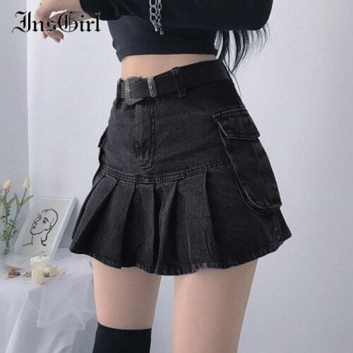 InsGirl Dark Goth Denim Skirt Women Streetwear Vintage High Waist Pocket Pleated Skirt Punk Harajuku Grunge Casual A-line Skirt
