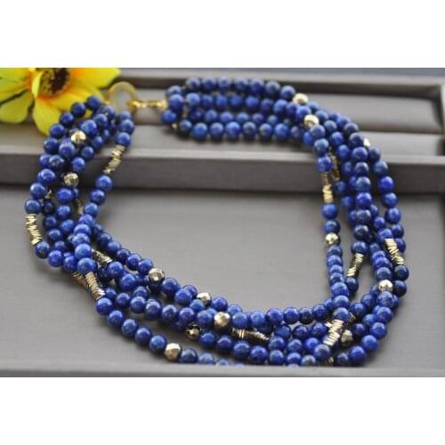Z10227 5Row 18" 8mm Natural Round lapis lazuli Gold Hematite Necklace