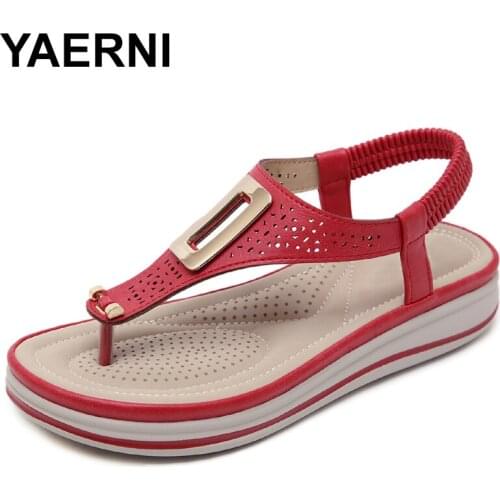 YAERNIWomen Thong Sandals Cut Out Hollow Metal Decro Ankle Strap Shoes Summer Beach Bohemia Boho Sandals PlatformWedge HeelsE821